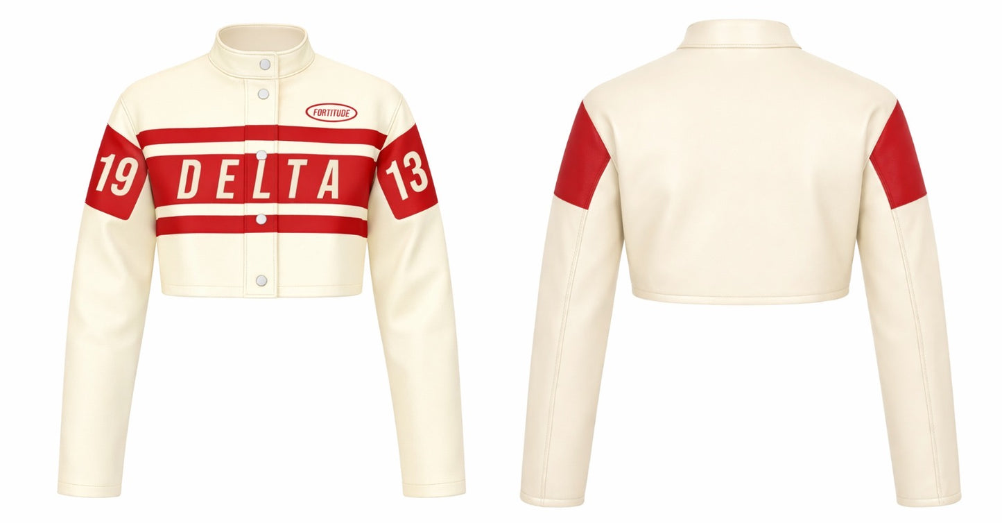 Delta Cream & Crimson Faux Leather Moto Jacket