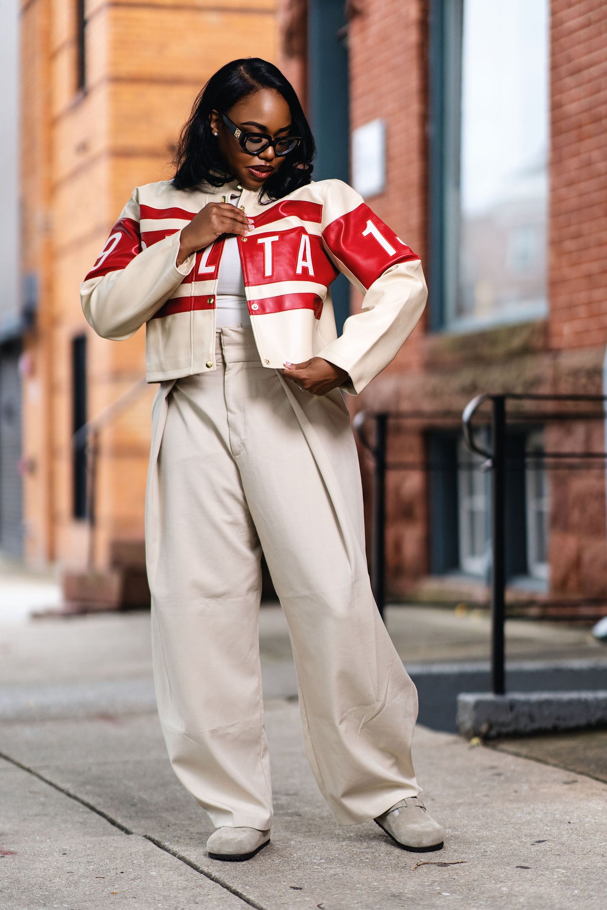 Delta Cream & Crimson Faux Leather Moto Jacket