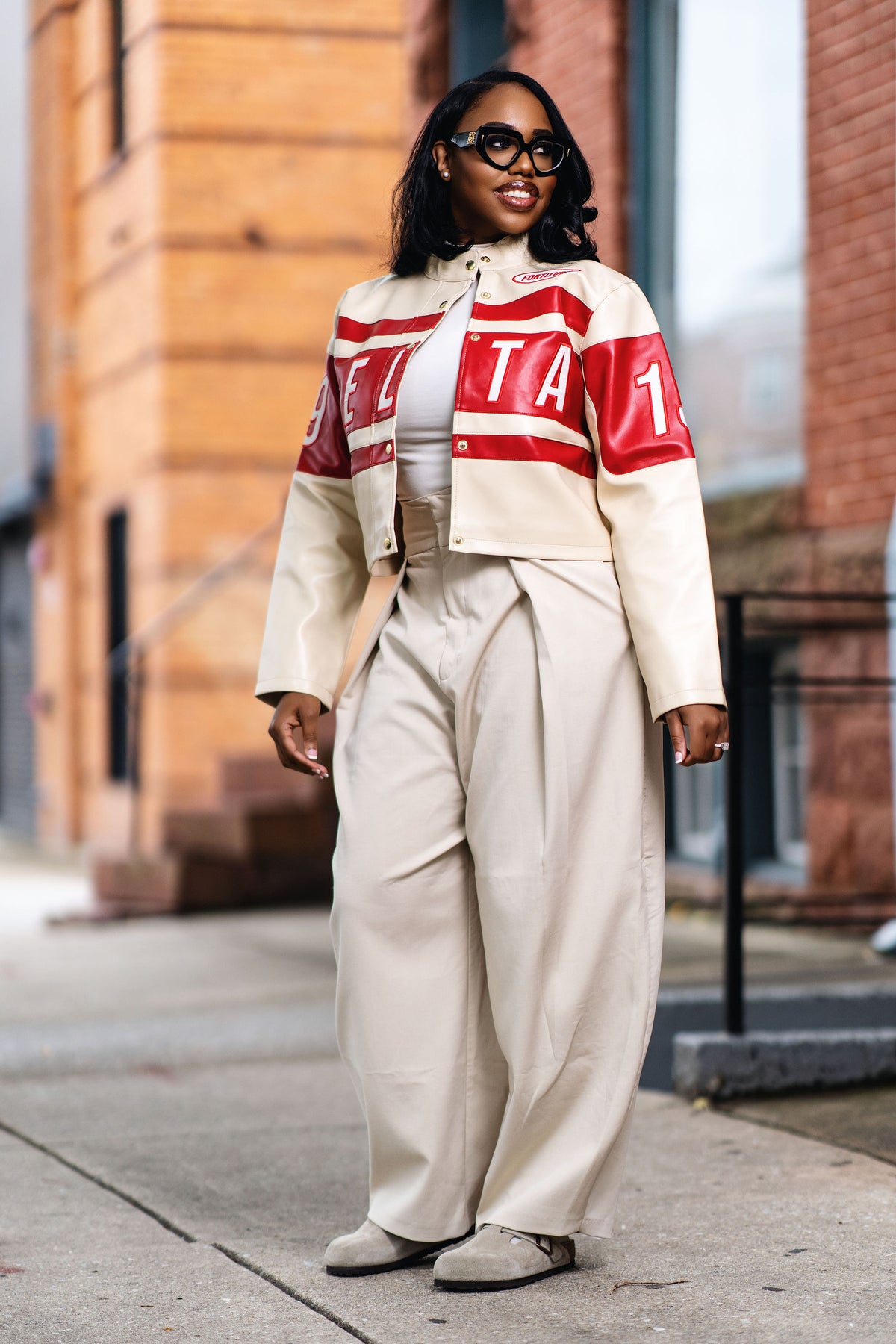 Delta Cream & Crimson Faux Leather Moto Jacket